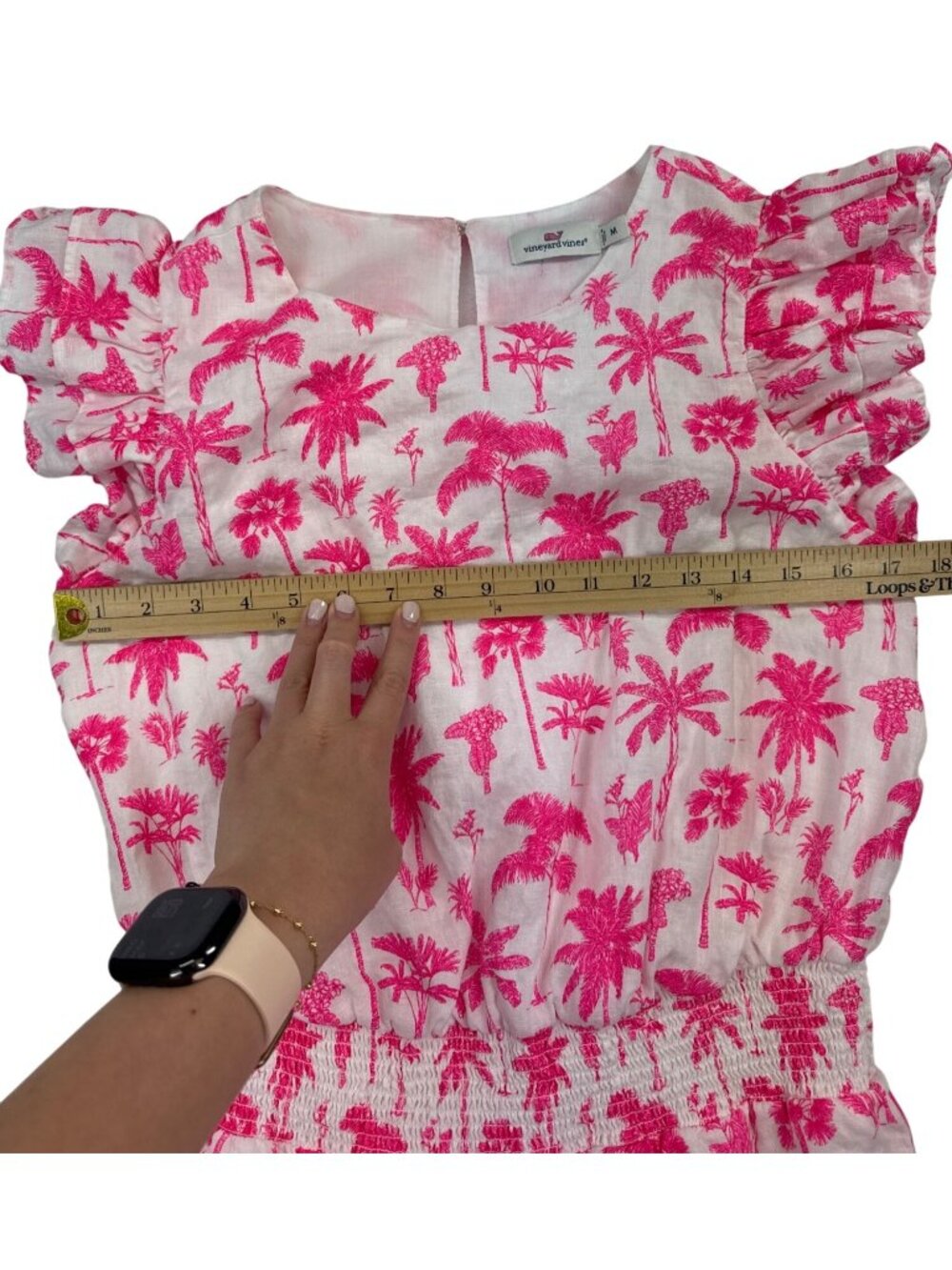 Vineyard Vines Women's M Linen Pink Palm Mini Dress Smocked Ruffle Tropical Res - Picture 6 of 11